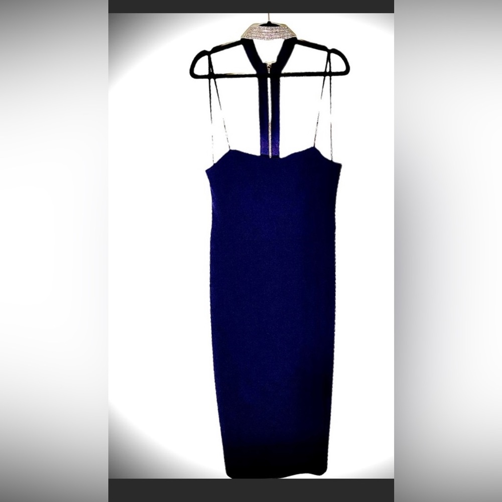 PREMIER AMOUR Navy Strapless Body-con Dress w/ Crystal Embellished Collar